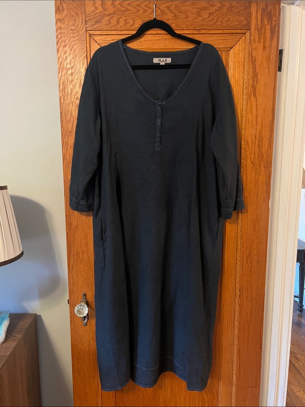 FLAX Black Linen dress with blue stitching Size L